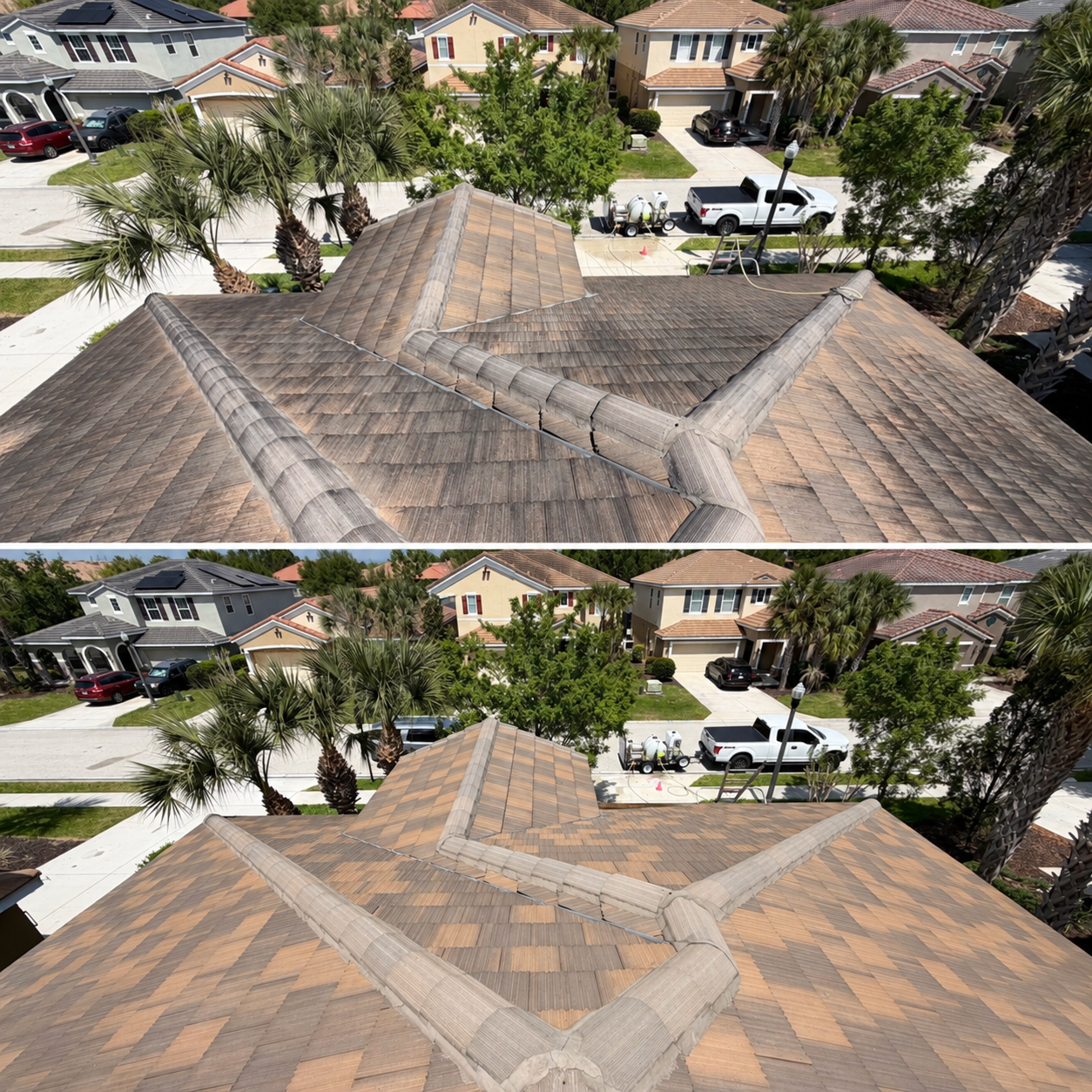 Roof soft washing before and after cleaning